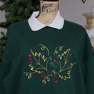 Vintage JERZEES Women's XL Collared Green Gold Embroidered Christmas Sweatshirt
